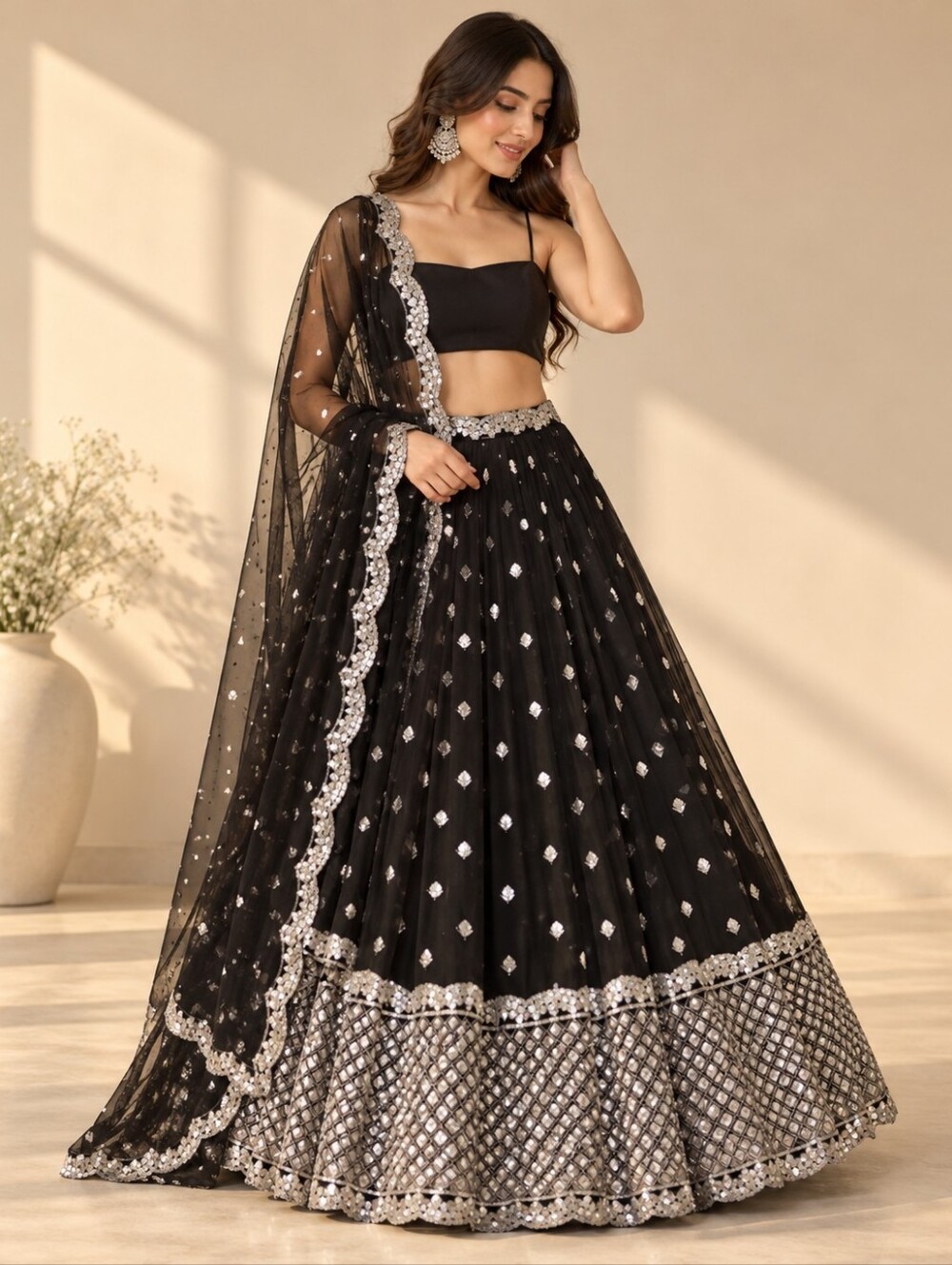 Black & Silver Sequin Embroidered Lehenga Choli Set with Dupatta | Size 6 Small